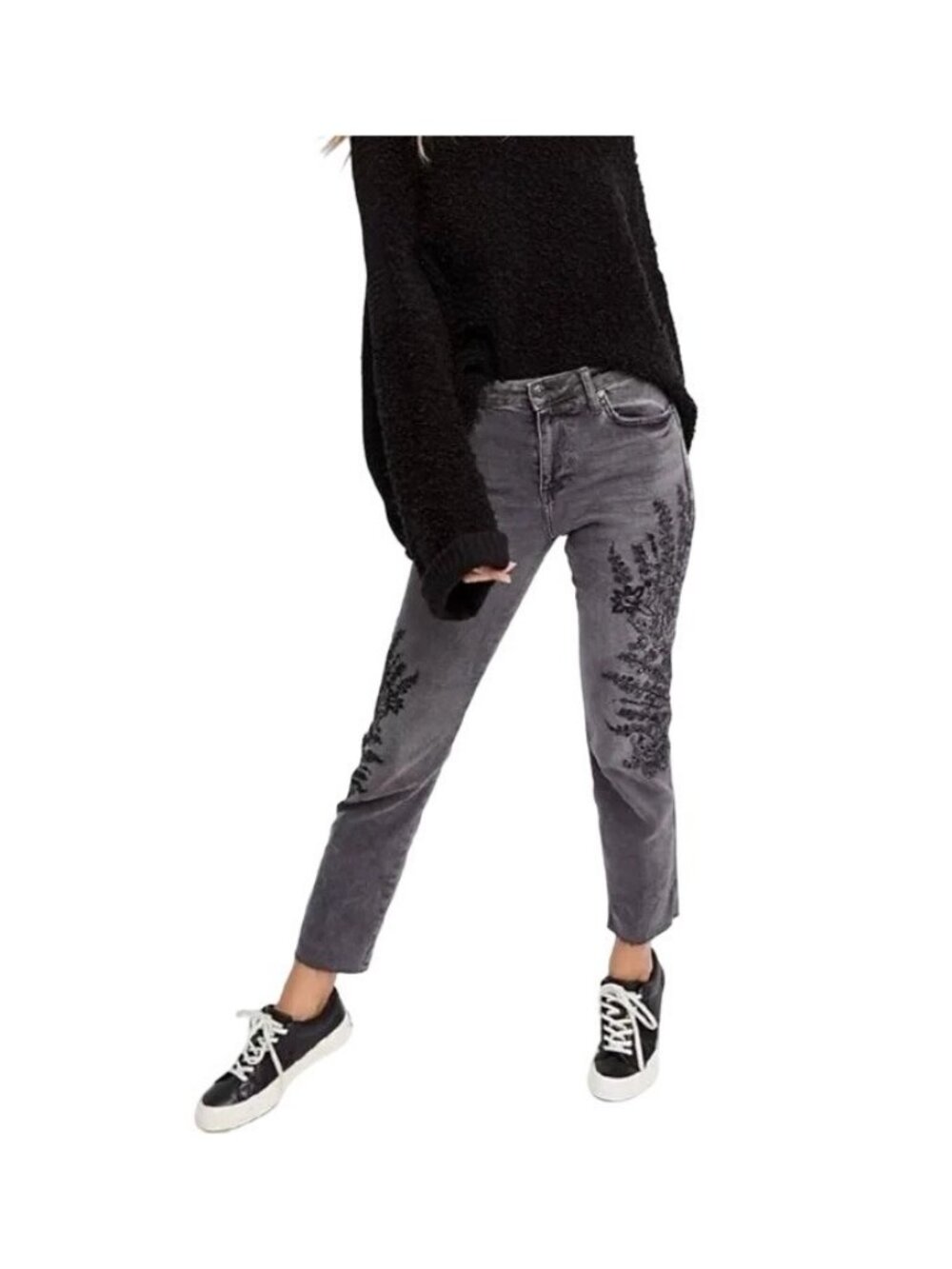 NWOT Free People Gray Embroidered High-Rise Straight Leg Girlfriend Jeans 31